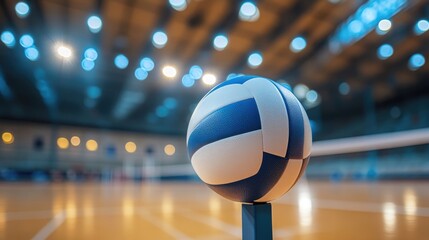 A volleyball framed on a stand, with a blurred indoor court in the background, capturing the thrill of the game