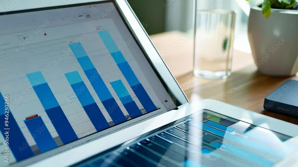 Poster image features a laptop positioned on a desk, displaying a detailed chart on the screen. the workspa