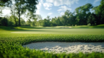 Obraz premium A well-manicured golf course with a blurred sand bunker in the background, emphasizing the pristine condition of the course