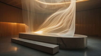 A large, flowing fabric installation hangs from the ceiling of a modern room, casting soft light onto a marble platform.