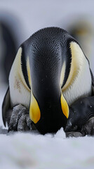 Emperor Penguin resting with head down on icy ground in Antarctica