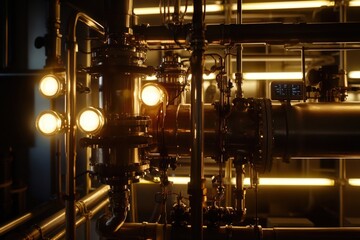 A close-up of a complex industrial machine, showing the pipes, lights, and digital displays.