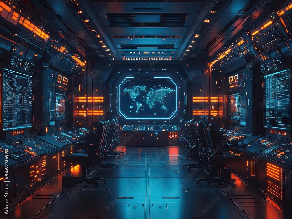 Wall mural cyber crisis command center futuristic war room with holographic displays showing cybersecurity inci