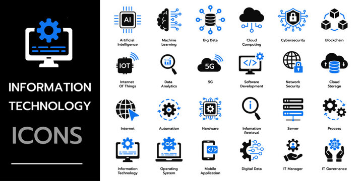Information Technology icon set. cloud computing, IT manager, big data, data analytics, internet, network security and more. Solid vector icons collection