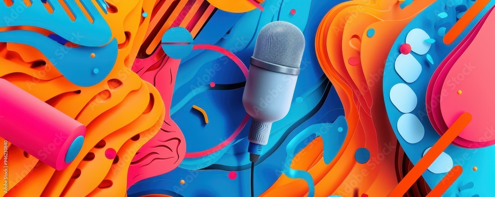 Aufkleber vibrant abstract background with a microphone, colorful fluid shapes, and dynamic patterns in blue, 