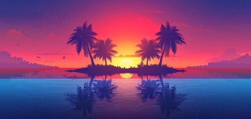 Obraz premium Coconut tree flat design front view sunset theme cartoon drawing Splitcomplementary color scheme