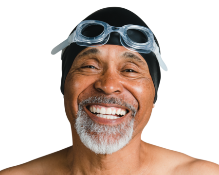 Senior man png transparent, wearing swimming glasses portrait