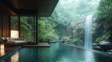 A small house in the woods with an indoor pool and a sofa, surrounded by greenery, waterfalls, a wooden deck, and a sofa on the edge of the swimming hole.