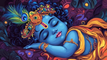 Cute Little Sleeping Baby Krishna in Layered Traditional Clothing with Blue Skin and Peacock Feather, Depicting the Hindu God for Krishna Janmashtami and Govardhan Puja