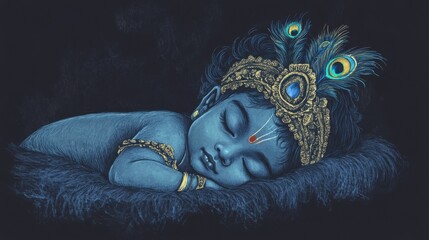 Cute Little Sleeping Baby Krishna in Layered Traditional Clothing with Blue Skin and Peacock Feather, Depicting the Hindu God for Krishna Janmashtami and Govardhan Puja