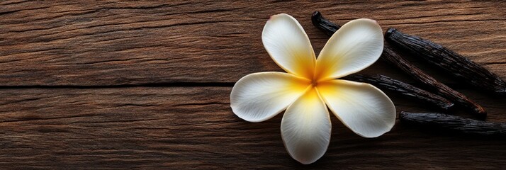 A white orchid flower on a wooden table with vanilla beans.