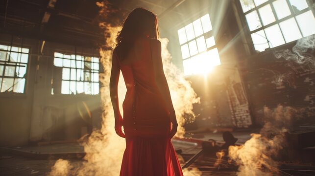 A woman in a red dress stands in a smoky abandoned building, bathed in sunlight streaming through the windows. - Powered by Adobe