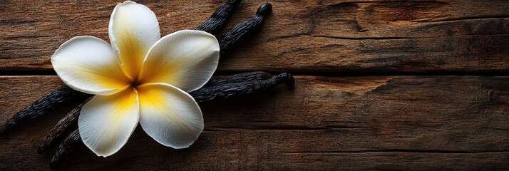 A white and yellow flower on a wooden surface.