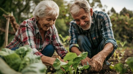 Fototapeta premium Senior healthy loving couple working in their garden together, planting vegetables and smiling. 