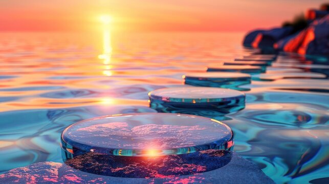A path of glass stepping stones leads towards the sun setting over the ocean, symbolizing the journey to a better future.