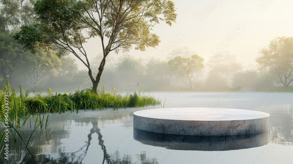 Poster a circular stone podium floating on a misty lake surrounded by trees and grass.