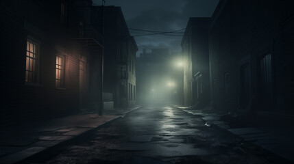 Foggy Night Street Scene with Dim Lights, Eerie and Mysterious Urban Atmosphere