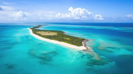 An aerial view of a remote island surrounded by turquoise ocean, showcasing its pristine sandy beaches