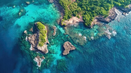 An aerial view of an island with rocky terrain and clear blue waters, showcasing its natural beauty