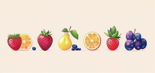 Fruit flat design, side view, fresh produce theme, animation, Analogous Color Scheme