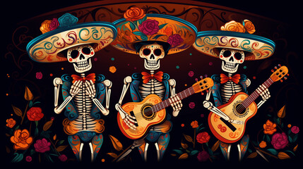 Colorful Day of the Dead Skeletons Playing Guitars in Traditional Mexican Attire