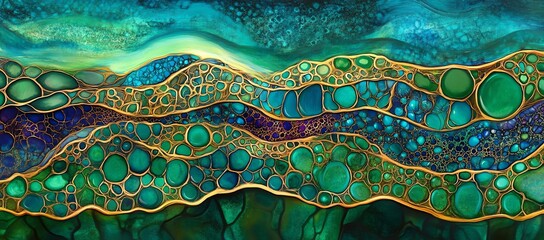 Abstract Wavy Pattern with Green and Blue Circles and Gold Lines