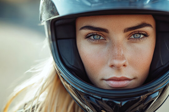 portrait of a pretty blonde woman biker looking at the camera with her safety helmet to ride a motorcycle. pretty eyes made up
