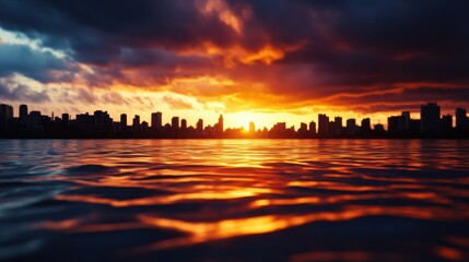 Breathtaking urban sunset over a city skyline with colorful clouds and reflecting water, creating a dramatic and serene evening scene.