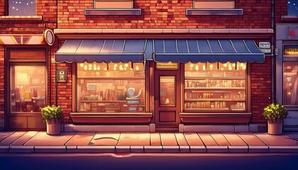 Obraz premium Charming Brick Store evening - pixel art cozy brick storefront. Game design poster. Graphic art 8 bit illustration. Ai Generated