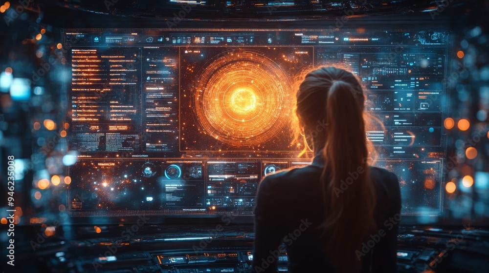 Poster a user interacts with an innovative holographic interface focused on privacy management in a sleek, 