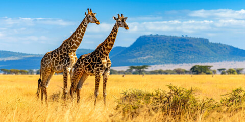 Obraz premium Two giraffes walking in the golden grasslands of an African savanna with mountains in the background