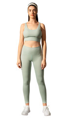 Woman png mockup in green sports bra and yoga pants full body