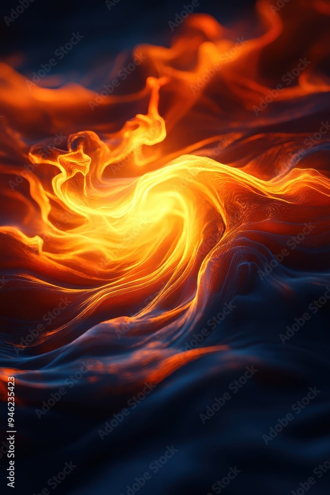 Poster abstract vibrant swirl of fiery orange and dark blue hues creating dynamic and energetic visual art.