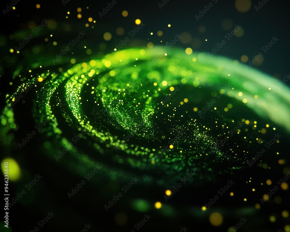Poster abstract glowing green swirling particles forming an elegant, dynamic wave against a dark background