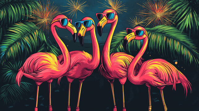 Pop art flamingos with glasses. Colorful background in pop art retro comic style.	