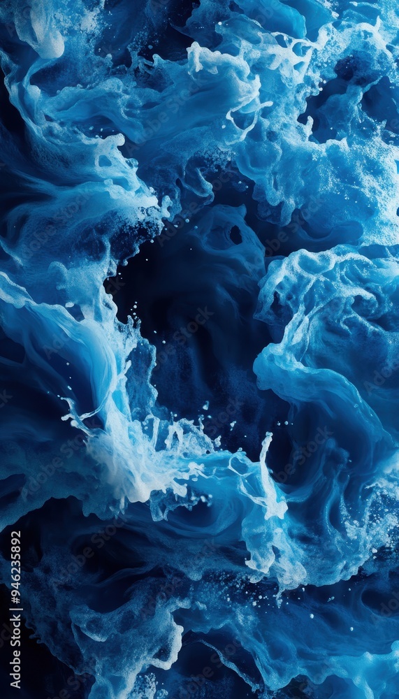 Poster abstract blue and white swirling smoke or ink in water creating a dreamy and artistic visual effect.