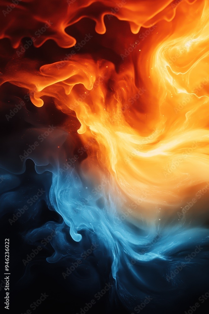 Aufkleber abstract art image showcasing contrasting swirls of vibrant fiery orange and cool blue colors in a d