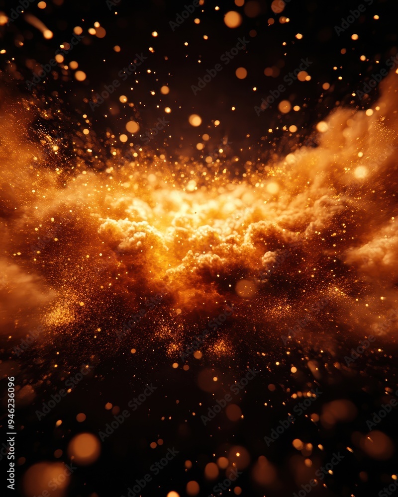 Aufkleber a vibrant explosion of golden particles and sparks in a dark background, creating an energetic, dyna