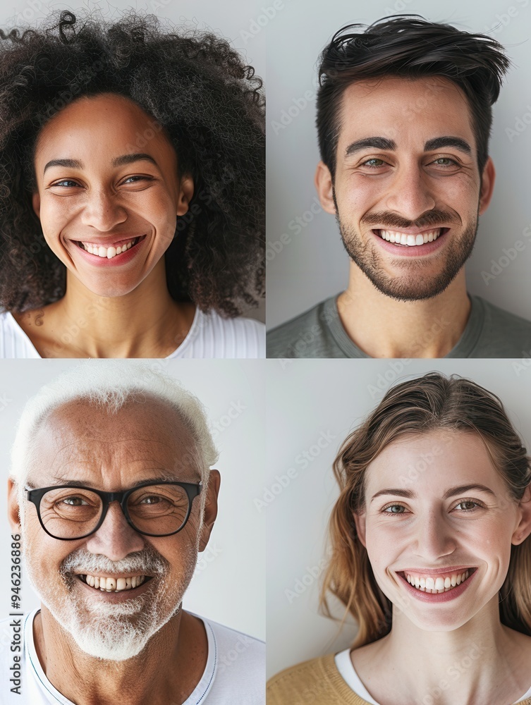 Aufkleber Four individuals with varying backgrounds share joyful smiles in a well-lit indoor environment, emphasizing their happiness and diversity. Generative AI