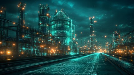 A holographic interface displays data for managing renewable energy sources amid a bustling futuristic city illuminated at night.