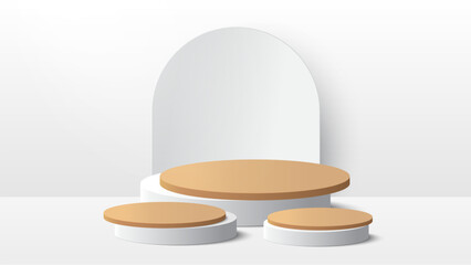 Beige podium platform to show product on white background. White minimal scene for product display presentation. Vector illustration