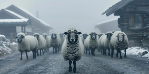 Sheep in foggy mountain village under a grey sky, winter landscape