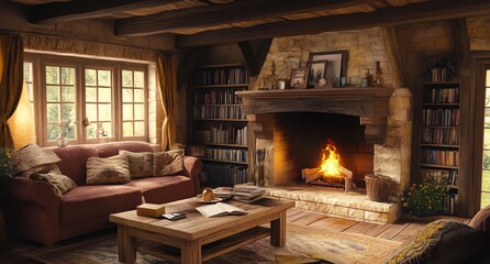 Cozy Cabin Living Room with Fireplace and Bookshelves