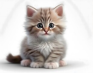 A small, fluffy kitten playing or sitting adorably on a white background