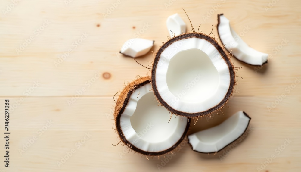 Sticker  Freshly cracked coconut on a wooden surface