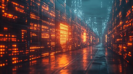 A holographic interface displays real-time data for managing supply chains in a modern warehouse filled with glowing shelves.