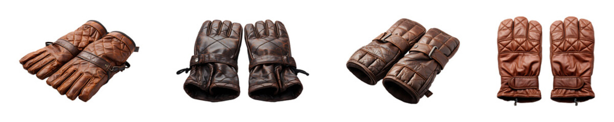 Set, collection of Leather Mitten Gloves isolated on transparent background.
