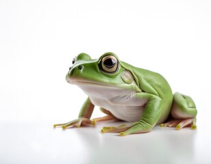 Obraz premium A small, green frog sitting calmly on a white background