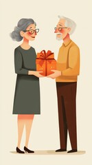 Obraz premium An elderly Asian couple shares a heartfelt moment as they give and receive a beautifully wrapped gift, symbolizing love and connection