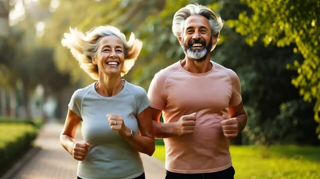 Senior couple running together in a park. Their smiles radiate vitality and joy, showcasing the power of movement and active aging. 